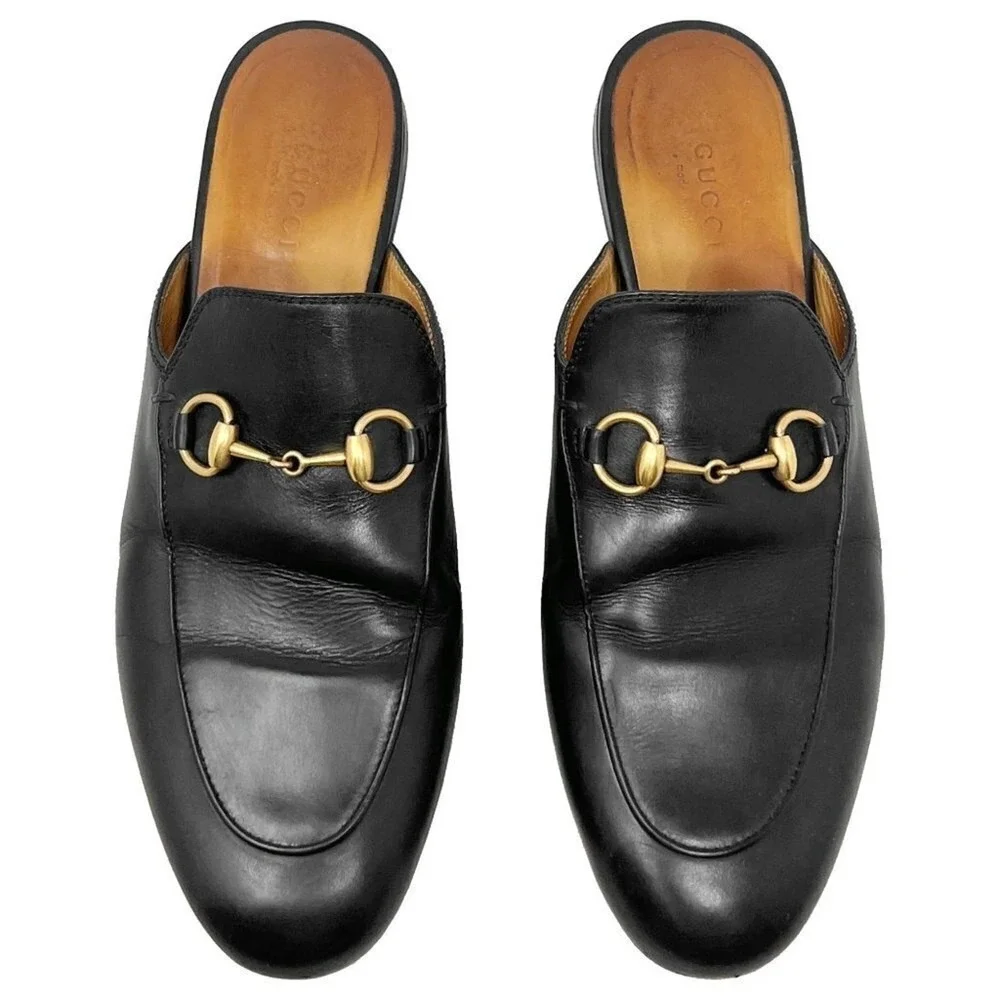 Gucci Princetown Loafers Black Leather Horsebit Mule 36.5‎